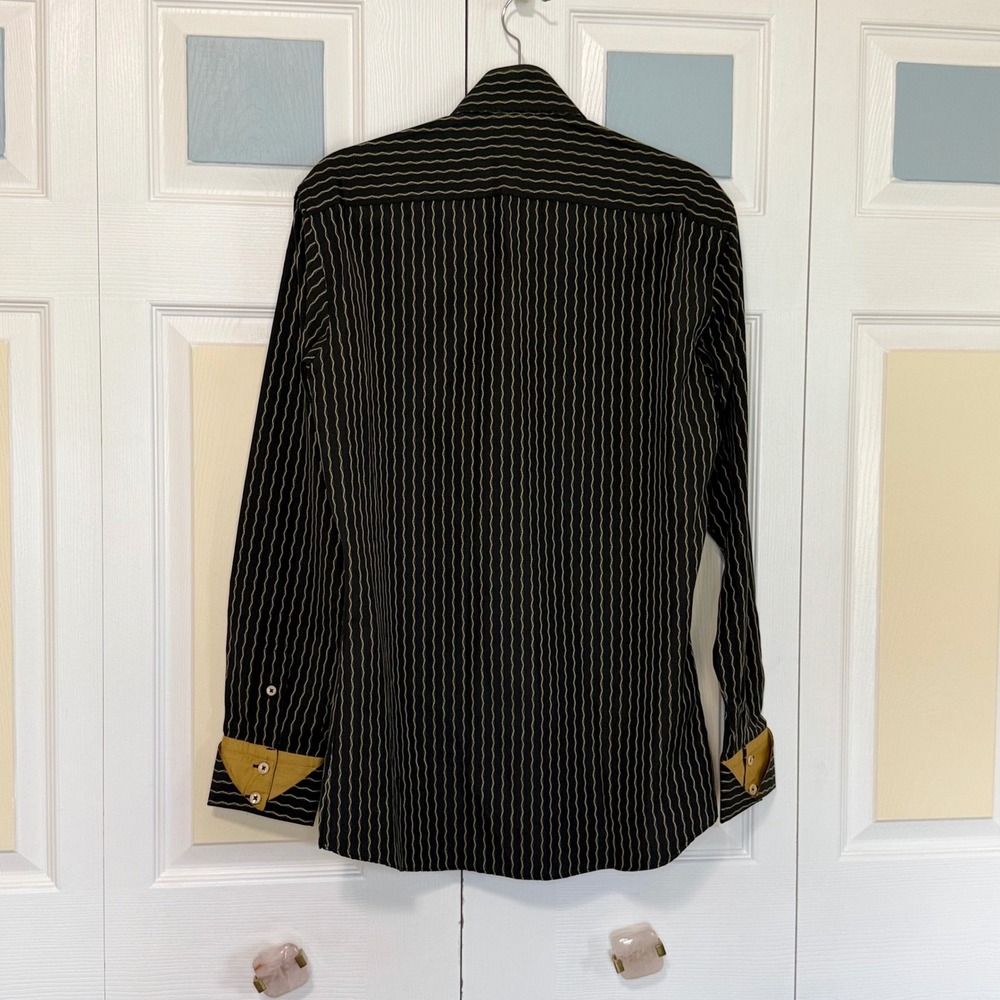 Bachrach Mens Cyrus Black Gold Wavy Pinstripe Long Sleeve Button Down Shirt M - Picture 2 of 7